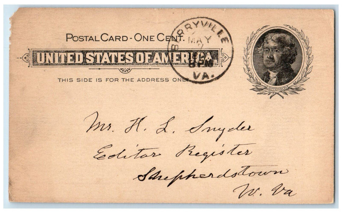 1898 Register Copy GF Ryan Berryville VA Shepherdstown WV Postal Card