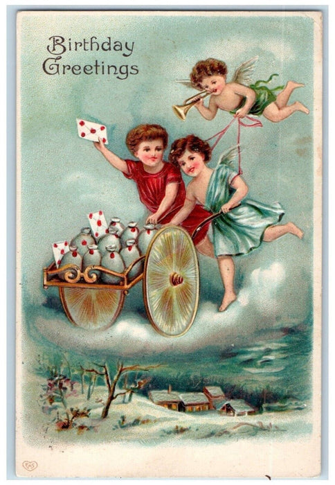 Birthday Greetings Floating Angel Trumpet Children Delivering Letters Postcard