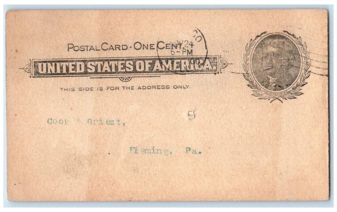 1900 WW Hunter Board of Trade Chicago IL Cook & Griest Fleming PA Postal Card