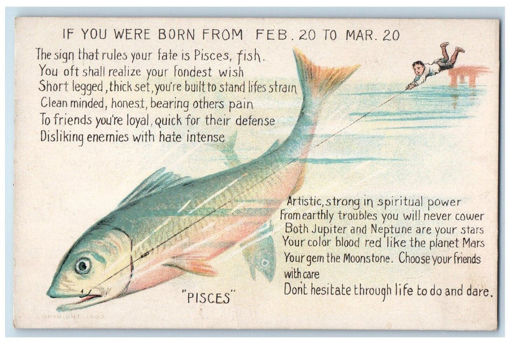 c1910's Exaggerated Fish Cached Man Pisces Zodiac Sign Meaning Antique Postcard