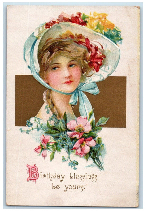 c1910's Birthday Blessings Pretty Woman Big Hat Flowers Embossed Postcard