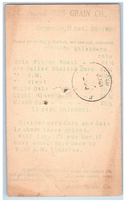 1900 LA Grubbs Grain Co. Price Sheet Greenville Ohio OH Postal Card