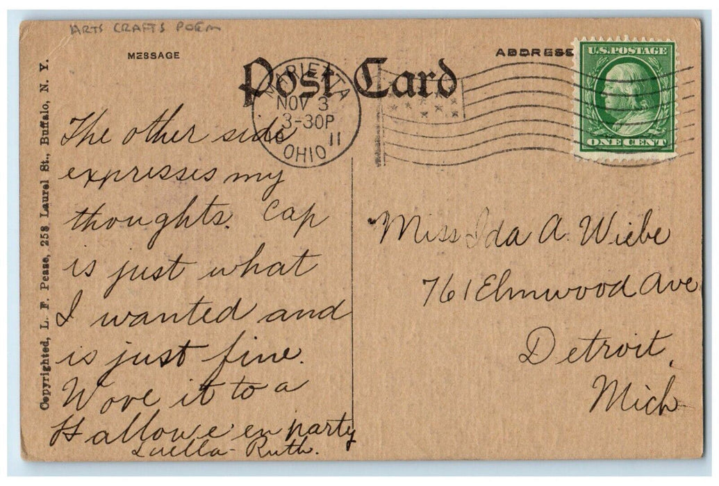 1911 Thank You Message Poem Arts Crafts Flowers Marieta Ohio Antique Postcard