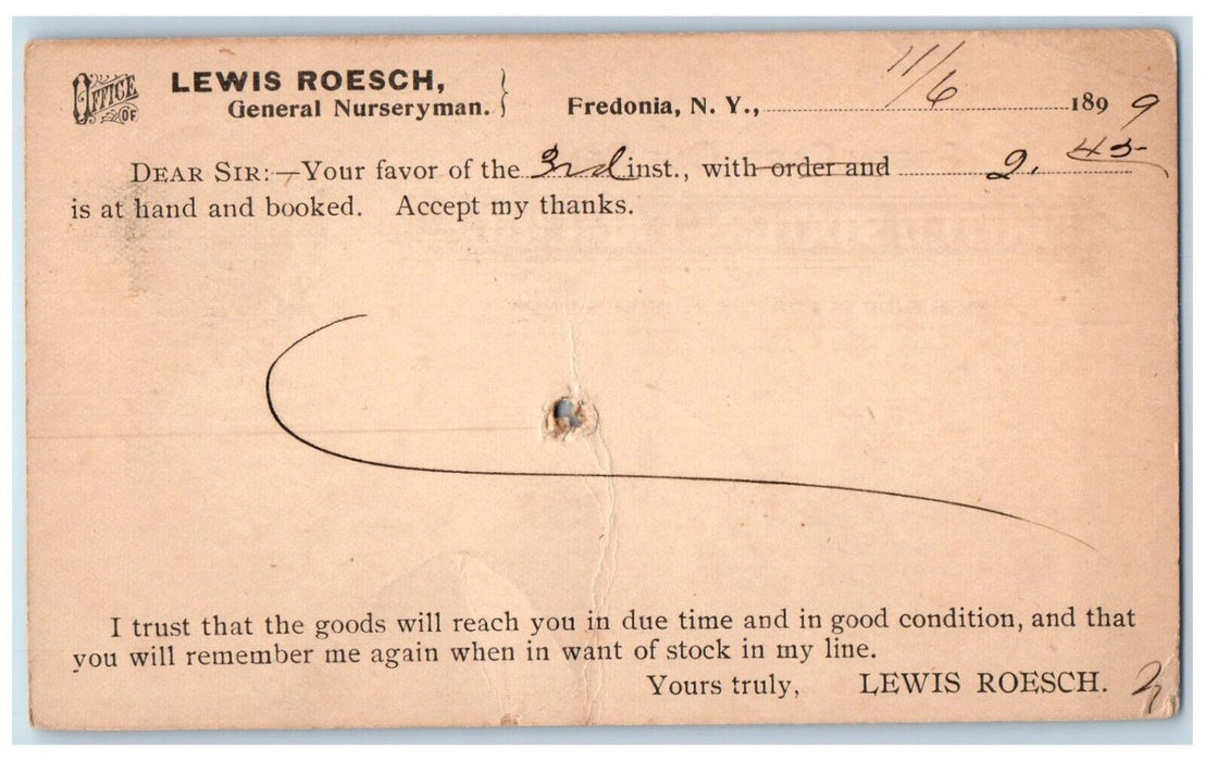 1899 Lewis Roesch General Nurseryman Fredonia New York NY Postal Card