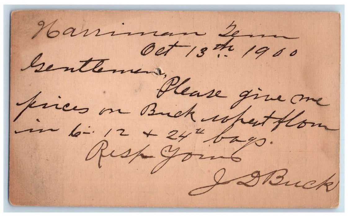 1900 Buck Price JD Buck Harriman Tennessee TN Fleming PA Postal Card