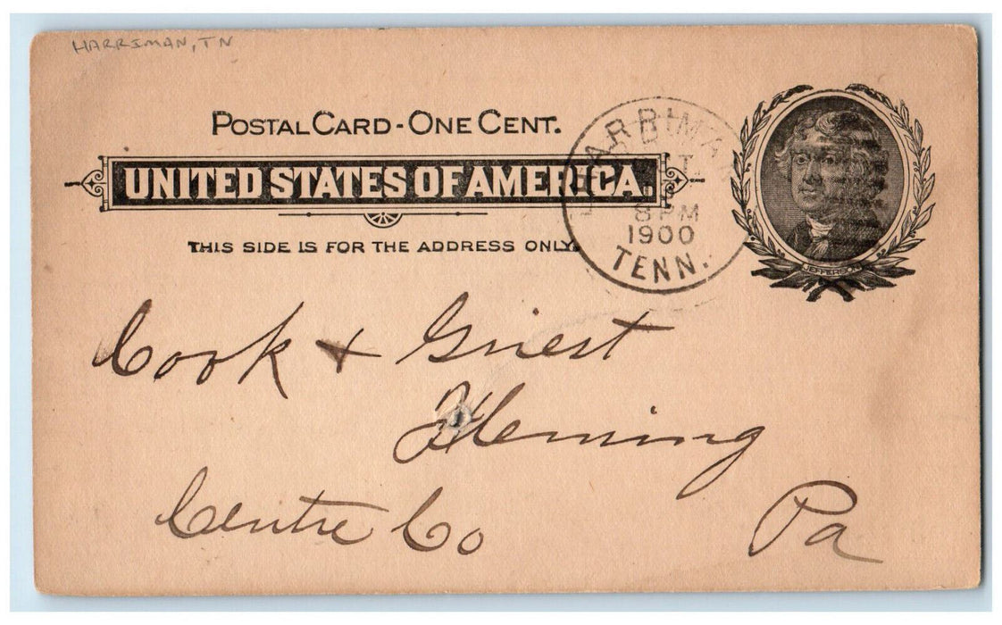 1900 Buck Price JD Buck Harriman Tennessee TN Fleming PA Postal Card