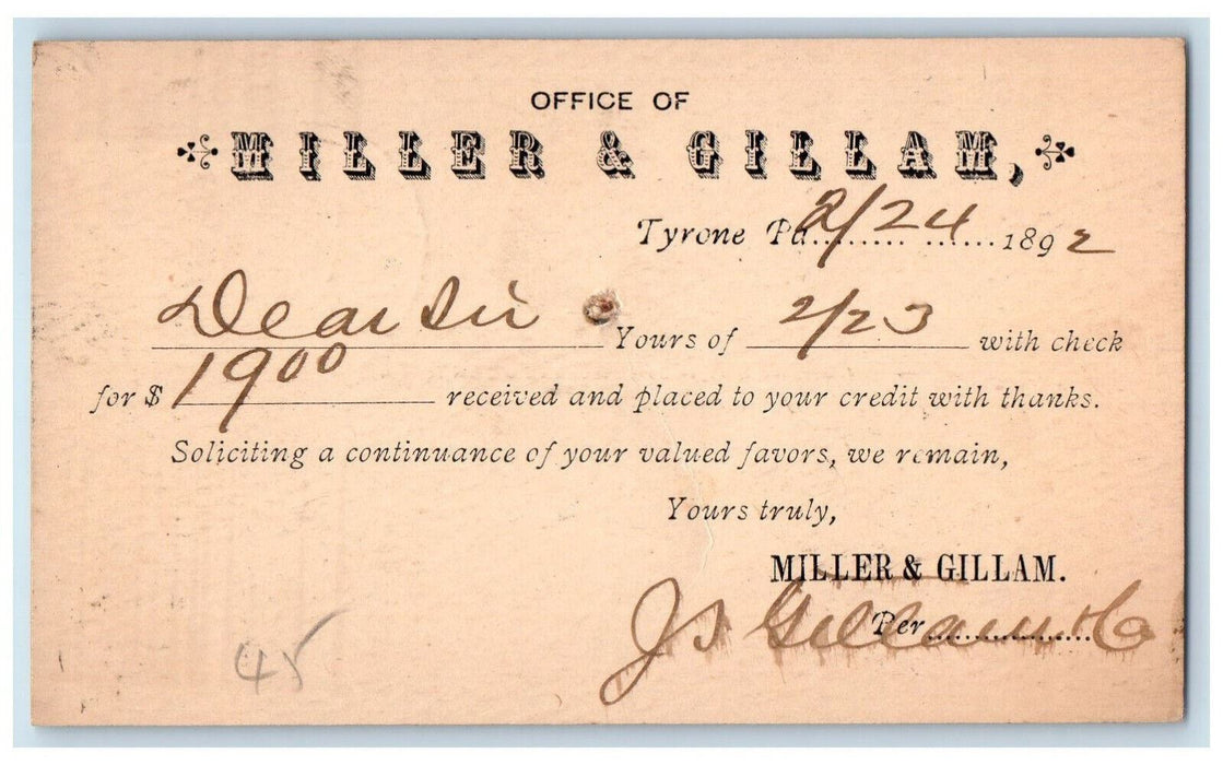 1892 Check Receive Miller & Gillam Tyrone Pennsylvania PA Postal Card