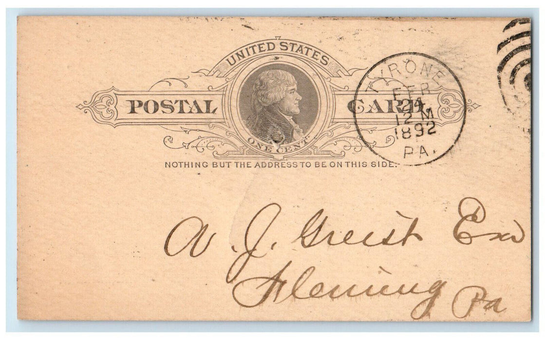 1892 Check Receive Miller & Gillam Tyrone Pennsylvania PA Postal Card