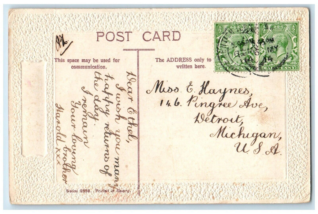 c1910's Birthday Greeting Friendship Cute Cat Message Embossed Antique Postcard
