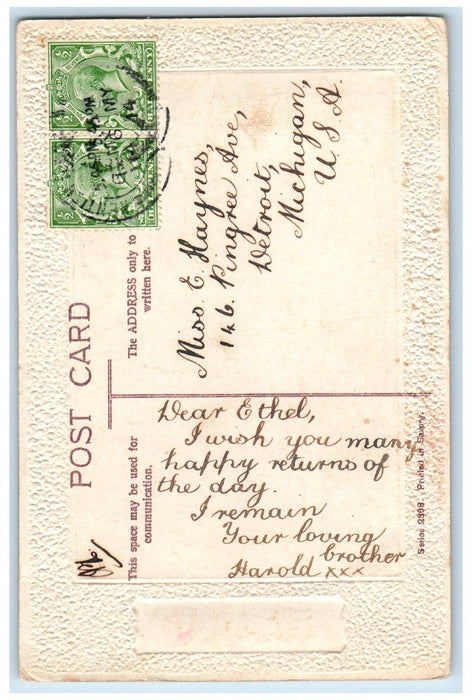 c1910's Birthday Greeting Friendship Cute Cat Message Embossed Antique Postcard