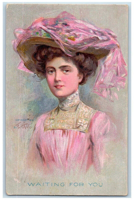 c1910's Pretty Woman Dress Pink Hat Waiting For You Fond Du Lac WI Postcard