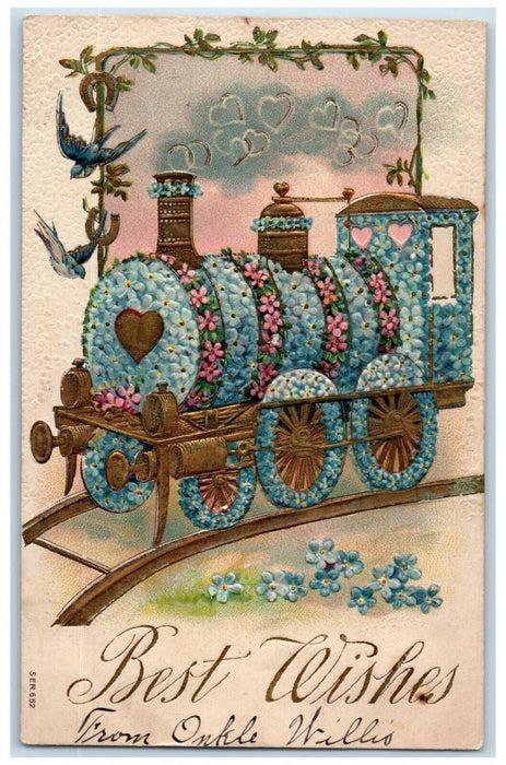 1908 Best Wishes Train Covered Pansies Flowers Horsehoe Bird Embossed Postcard