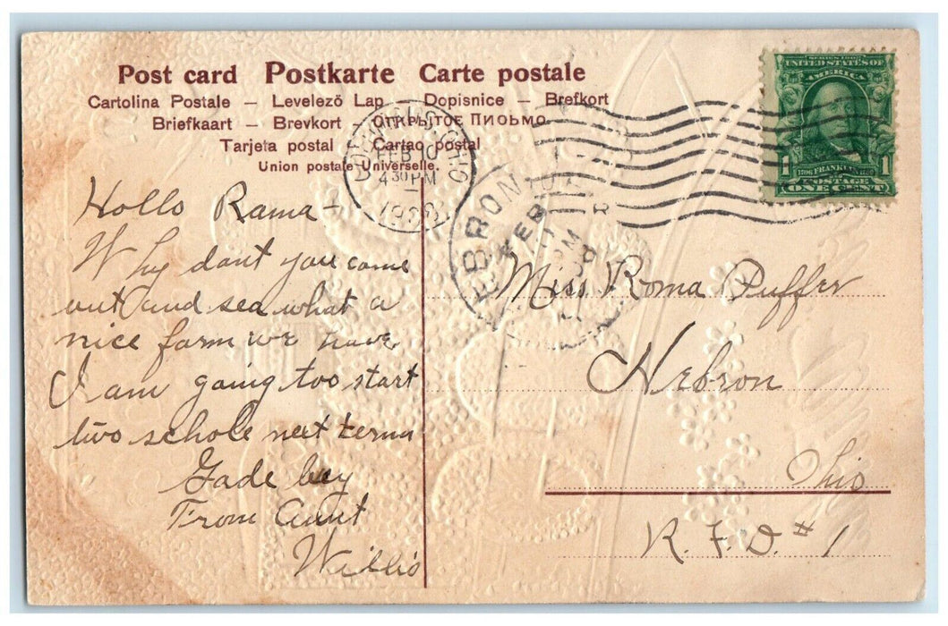 1908 Best Wishes Train Covered Pansies Flowers Horsehoe Bird Embossed Postcard