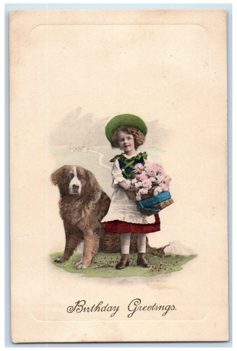 1915 Birthday Greetings Cute Dog And Pretty Girl With Basket Flowers Postcard