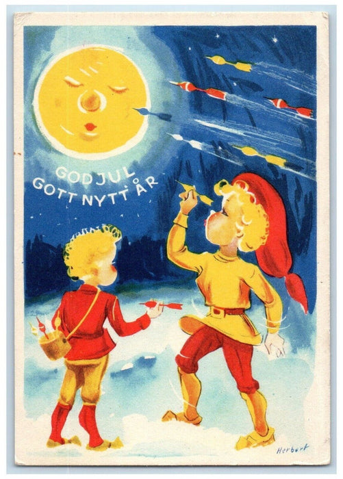 c1910's New Year Anthropomorphic Sun Children Targeting Sweden Antique Postcard