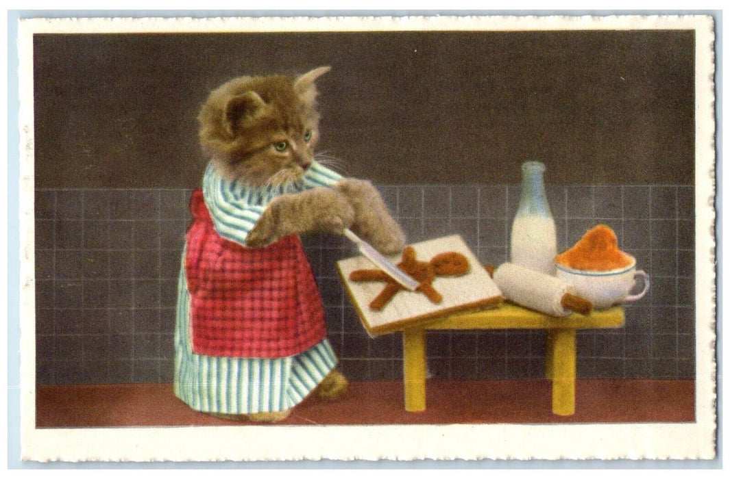 c1910's Anthropomorphic Cat Baking Human Shape Dough Roller Antique Postcard