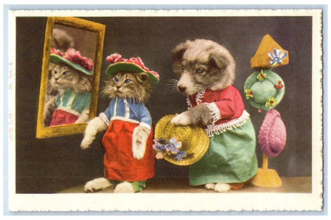 c1910's Anthropomorphic Cat And Dog Hat Flowers Mirror Unposted Antique Postcard