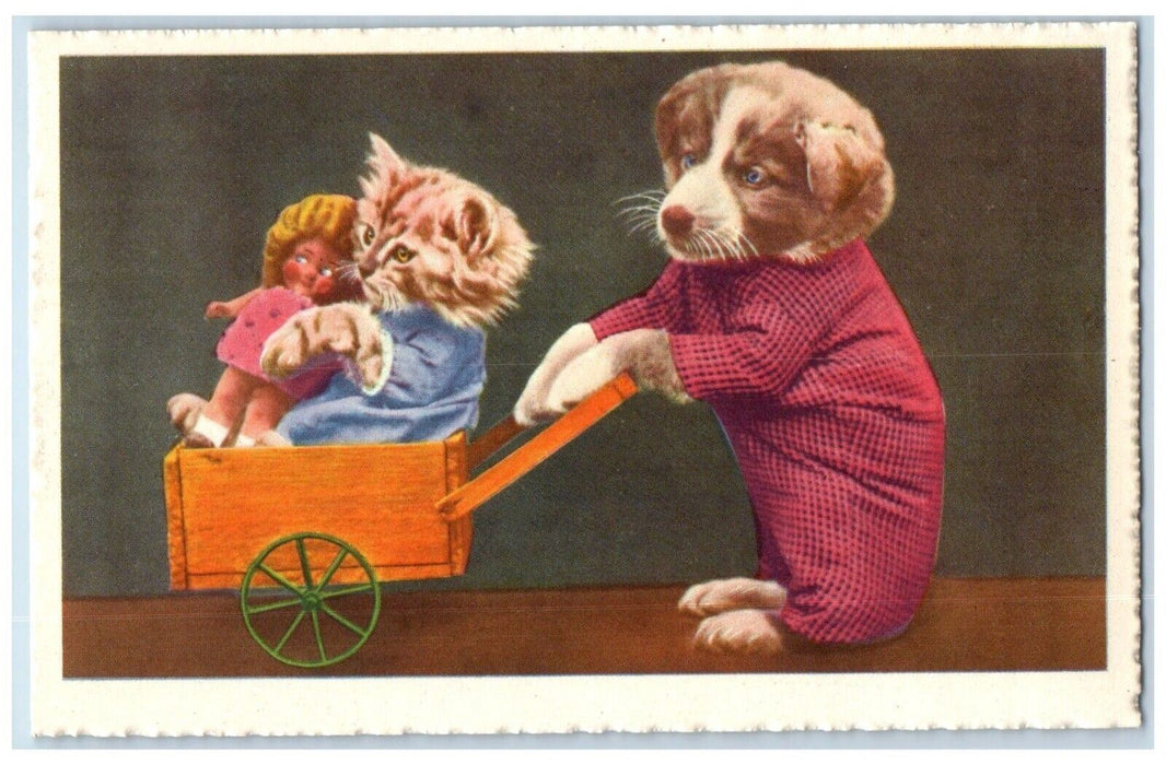 c1910's Anthropomorphic Cat And Dog Pulling Wagon Unposted Antique Postcard