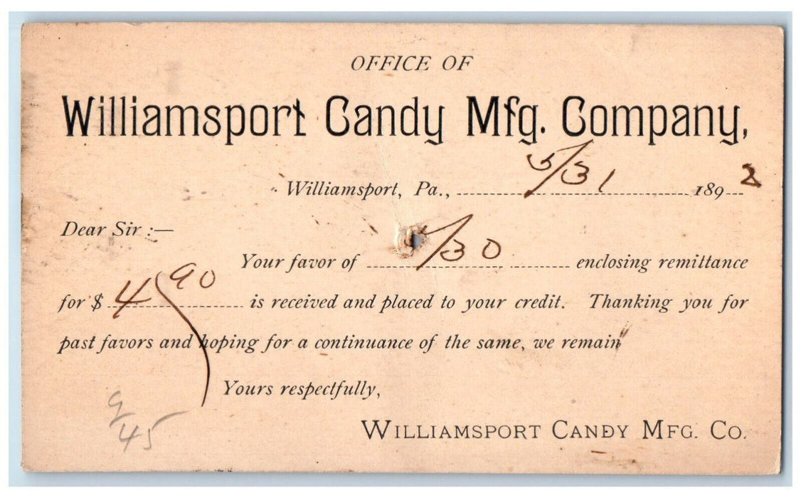 1892 Office of Williamsport Candy Mfg. Company Williamsport PA Postal Card