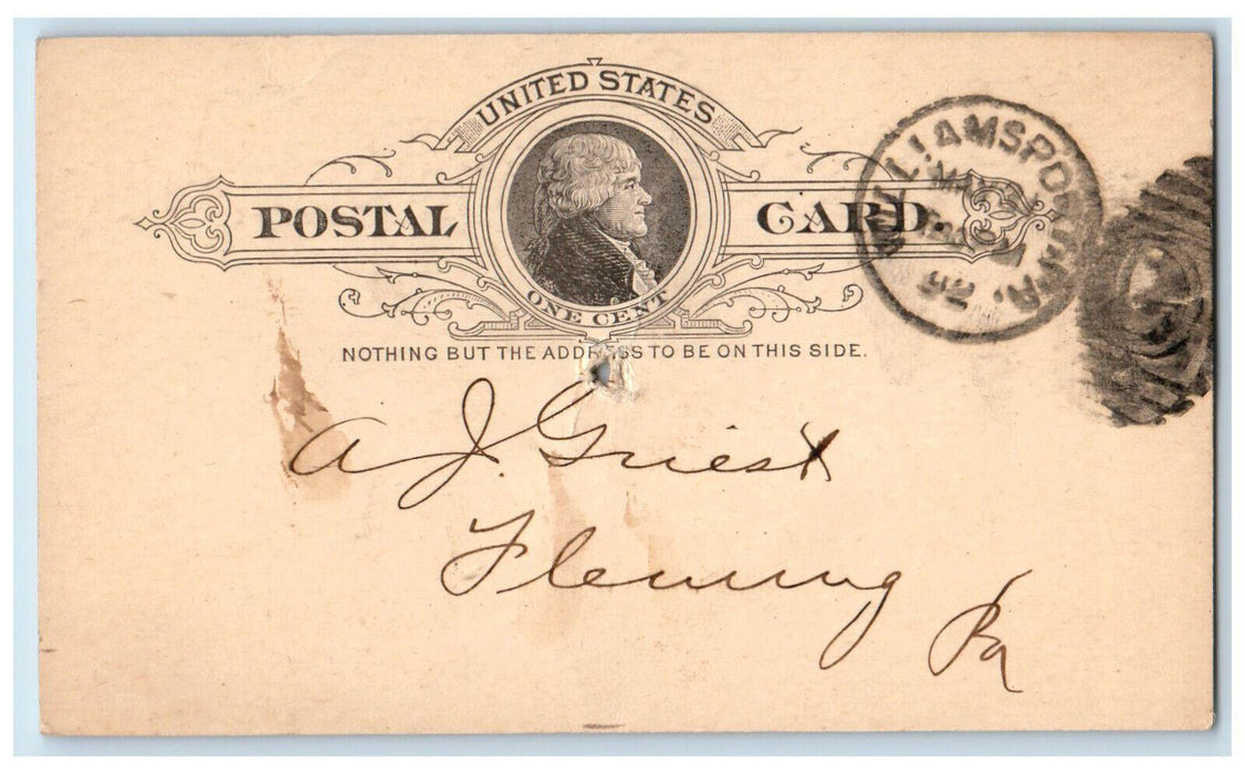 1892 Office of Williamsport Candy Mfg. Company Williamsport PA Postal Card