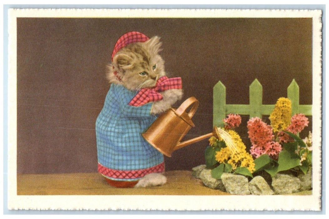 c1910's Anthropomorphic Cute Cat Watering Flowers Unposted Antique Postcard