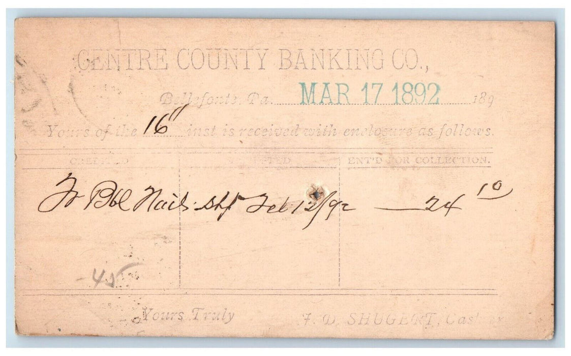 1892 Centre County Banking Co. Bellefonte Pennsylvania PA Fleming PA Postal Card