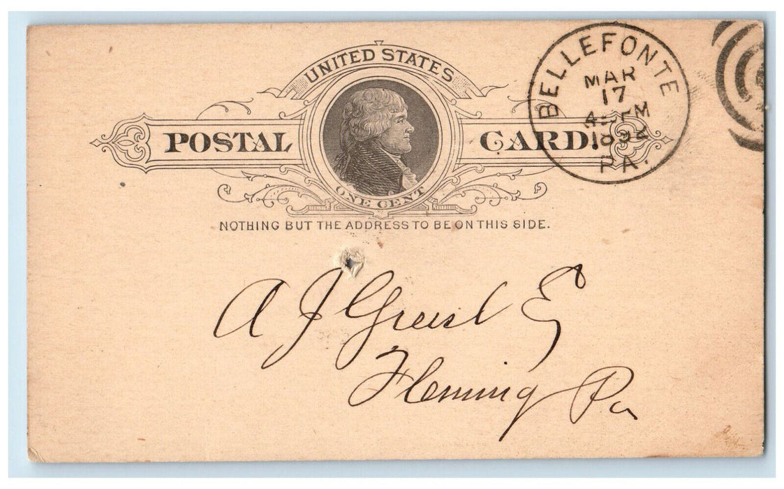 1892 Centre County Banking Co. Bellefonte Pennsylvania PA Fleming PA Postal Card