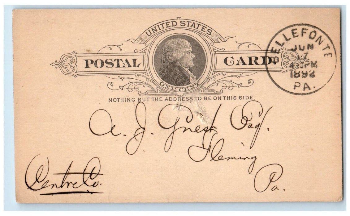 1892 The New Phoenix Mills Geo W. Jackson & Co. Bellefonte PA Postal Card
