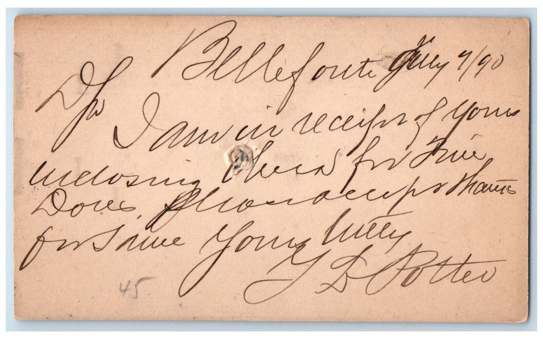 1890 Y. Potter Bellefonte Pennsylvania PA Fleming Center Co. PA Postal Card