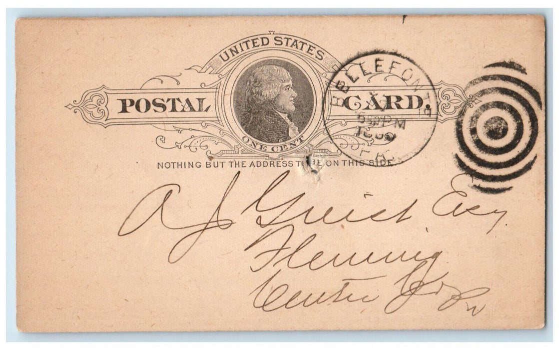 1890 Y. Potter Bellefonte Pennsylvania PA Fleming Center Co. PA Postal Card