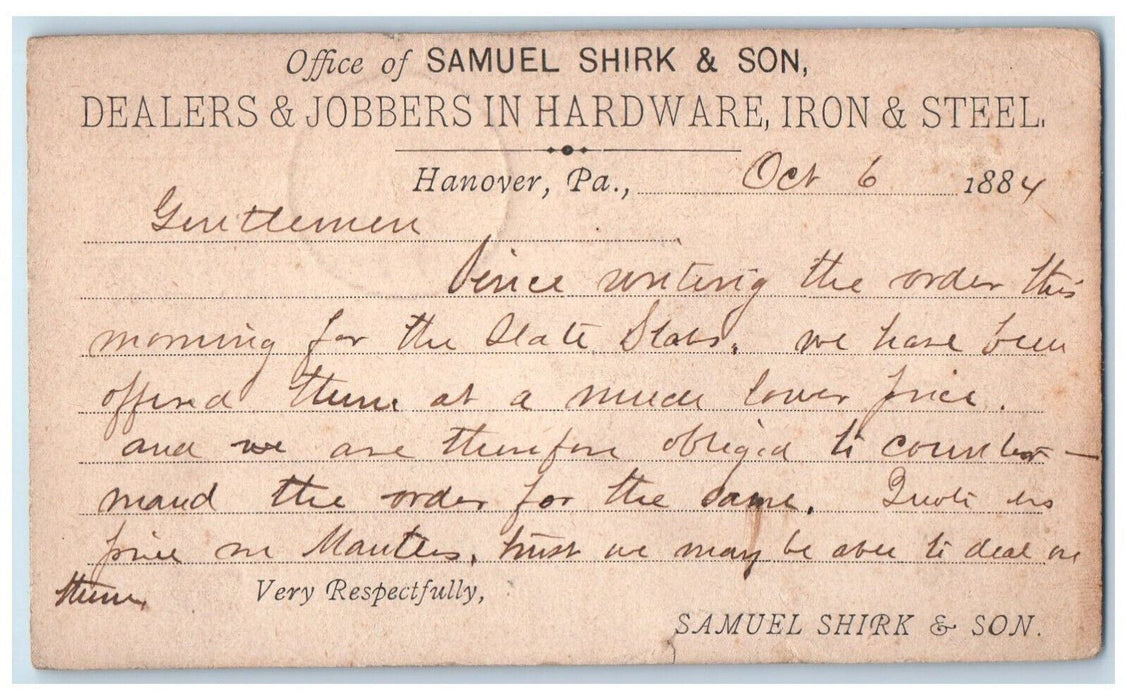 1884 Samuel Shirk & Son Dealers & Jobbers in Hardware Hanover PA Postal Card