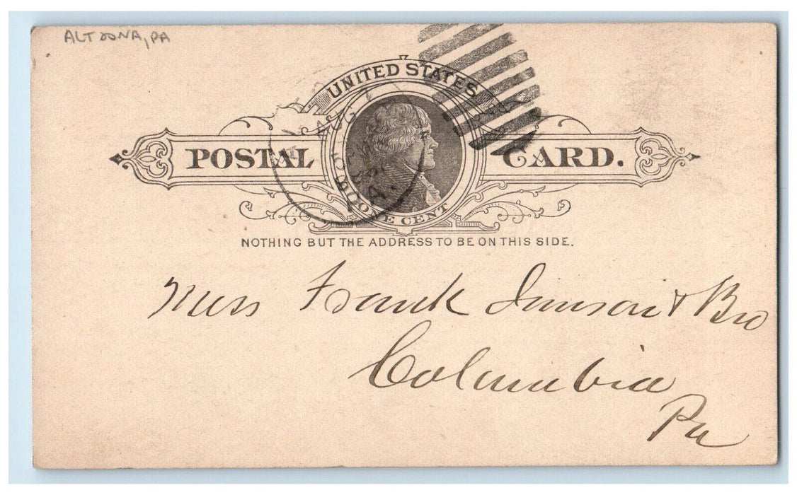 1888 Blackbound Order Altoona Pennsylvania PA Columbia PA Postal Card