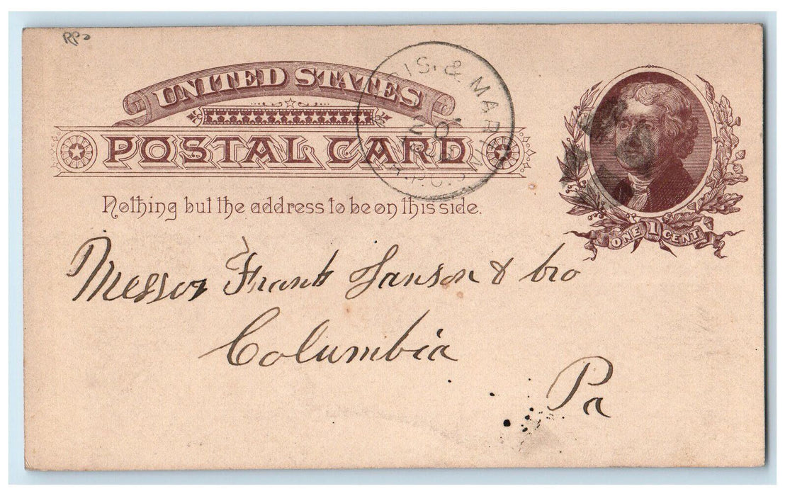 1886 Send Some Designs AJ Meredith Hagerstown MD Columbia PA RPO Postal Card