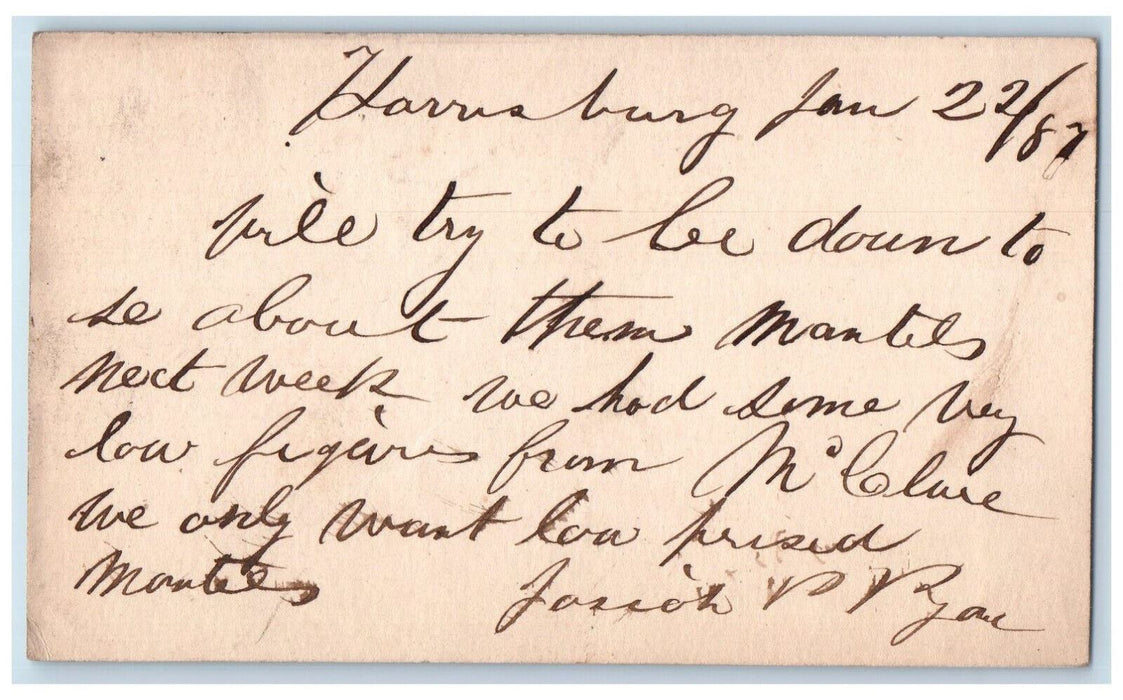 1887 Mantels Message Harrisburg Pennsylvania PA Columbia PA Postal Card