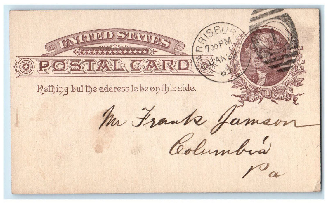1887 Mantels Message Harrisburg Pennsylvania PA Columbia PA Postal Card