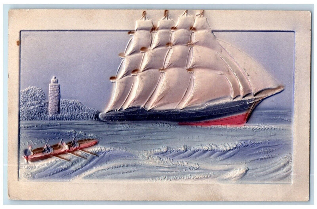 c1910's Schooner Ship Boat Airbrushed Embossed Rochester New York NY Postcard