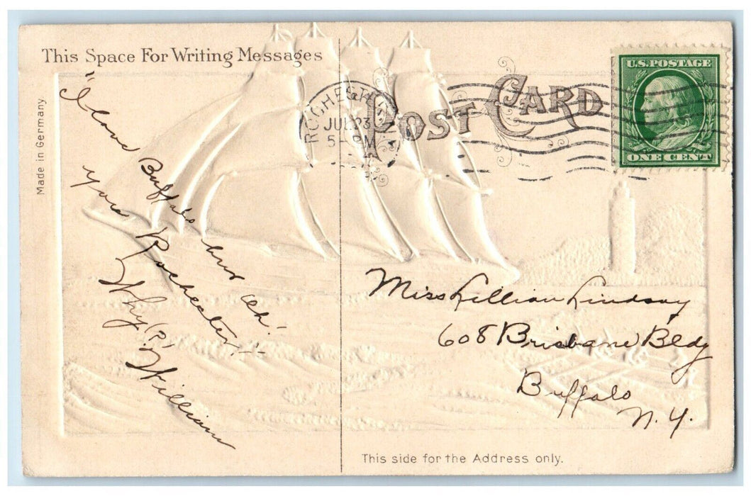c1910's Schooner Ship Boat Airbrushed Embossed Rochester New York NY Postcard