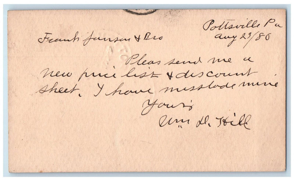 1880 Frank Janson & Bro Pottsville PA Columbia PA Embossed Postal Card