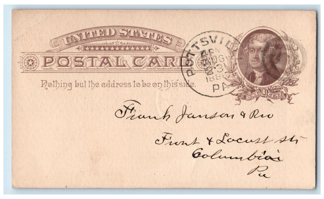 1880 Frank Janson & Bro Pottsville PA Columbia PA Embossed Postal Card