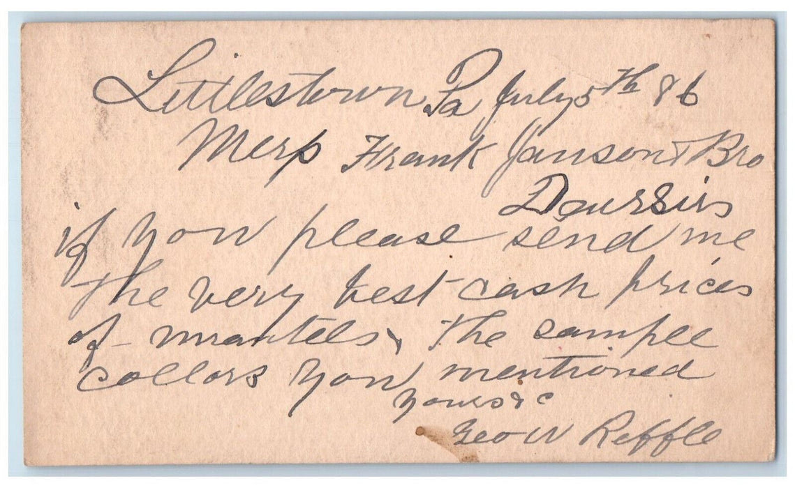 1886 Frank Janson & Bro Mantels Prices Littlestown PA Blue Cancel Postal Card