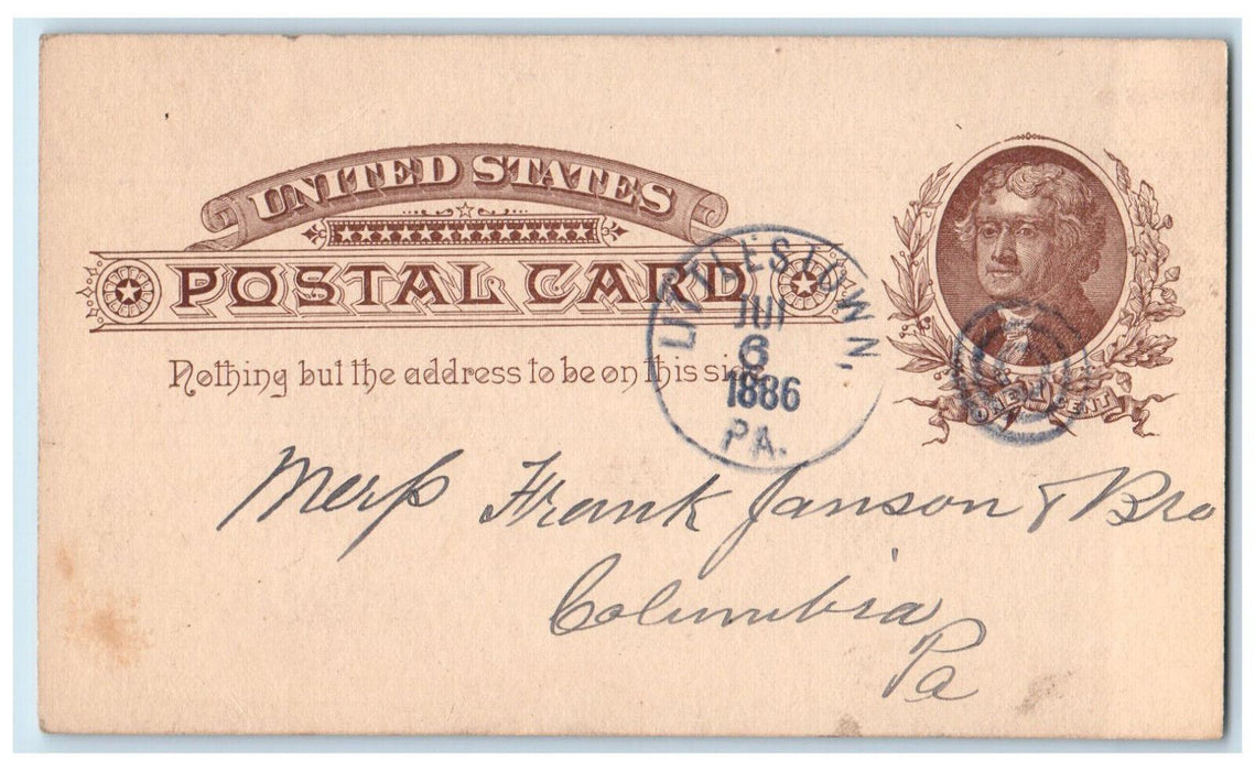 1886 Frank Janson & Bro Mantels Prices Littlestown PA Blue Cancel Postal Card
