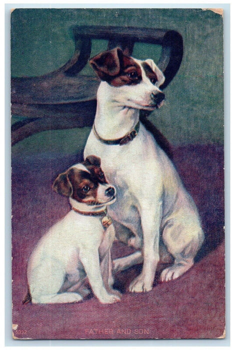 c1910's Father And Son Terrier Dog Bell Necklace Unposted Antique Postcard