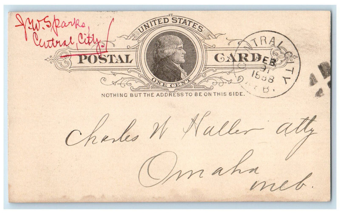 1888 Finding New Meyer JW Sparks Central City Nebraska NE Omaha NE Postal Card