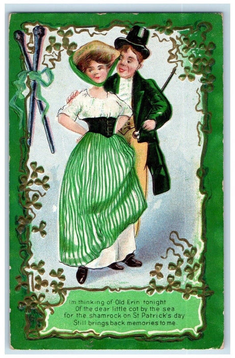 1911 St. Patrick's Day Couple Sweet Romance Shamrock Embossed Antique Postcard