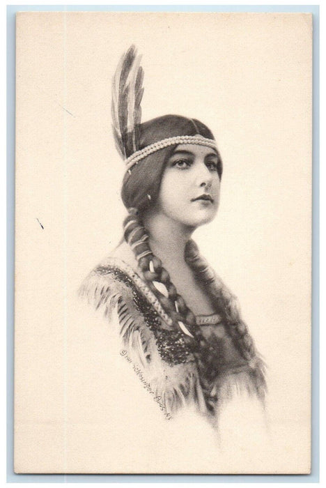 c1910's Pretty Woman Braided Hair Feather Native American Antique Postcard