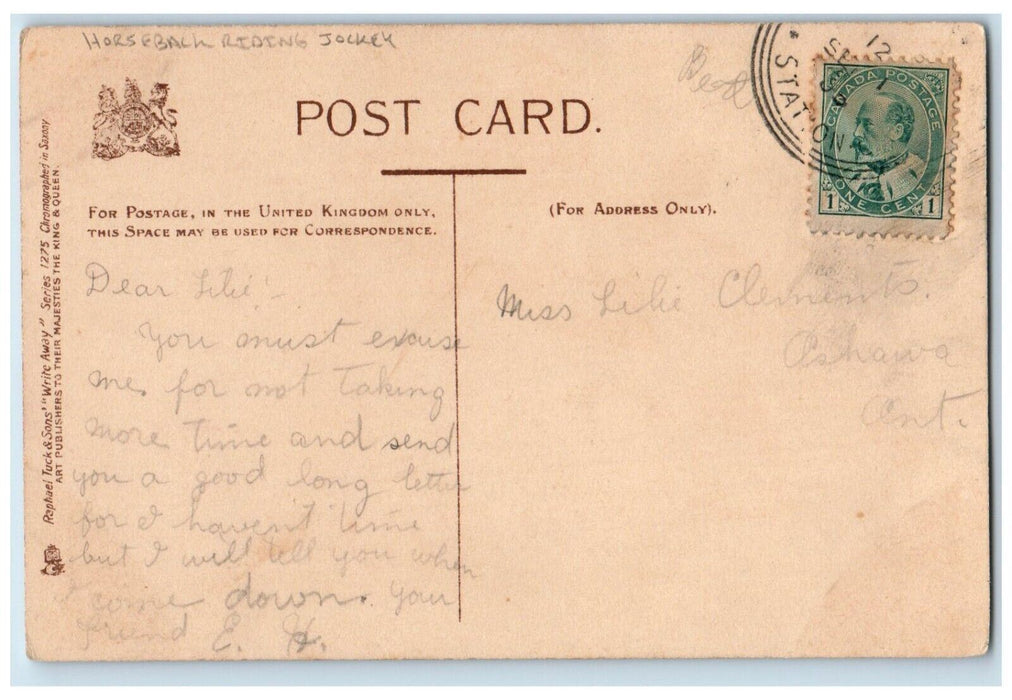 c1910's Man Horseback Riding Jockey Lance Thackery Tuck's Antique Postcard