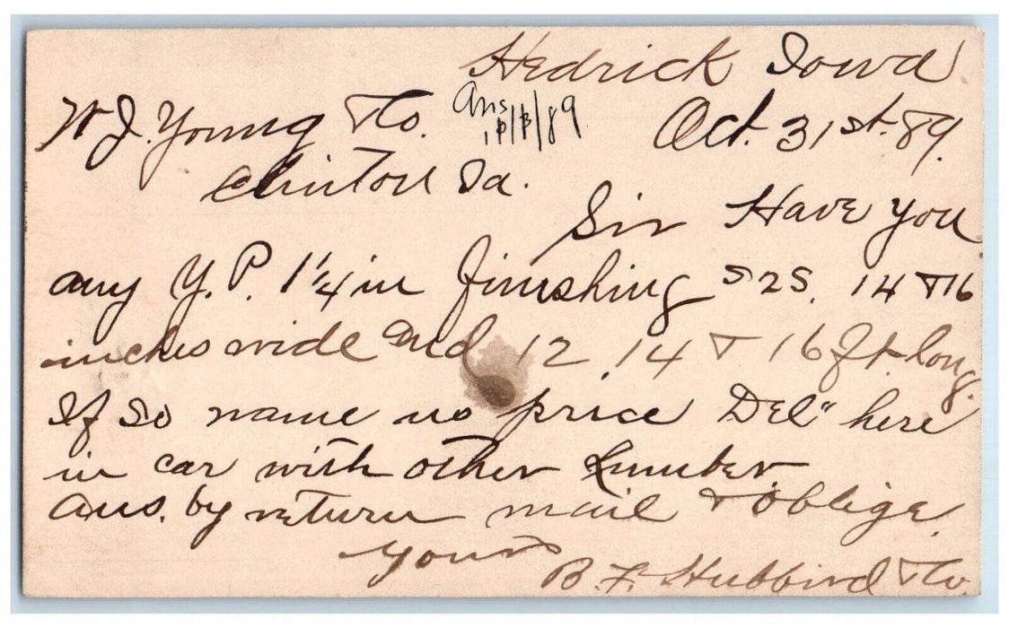 1889 Lumber Order Car Hedrick Iowa IA Clinton IA Antique Postal Card