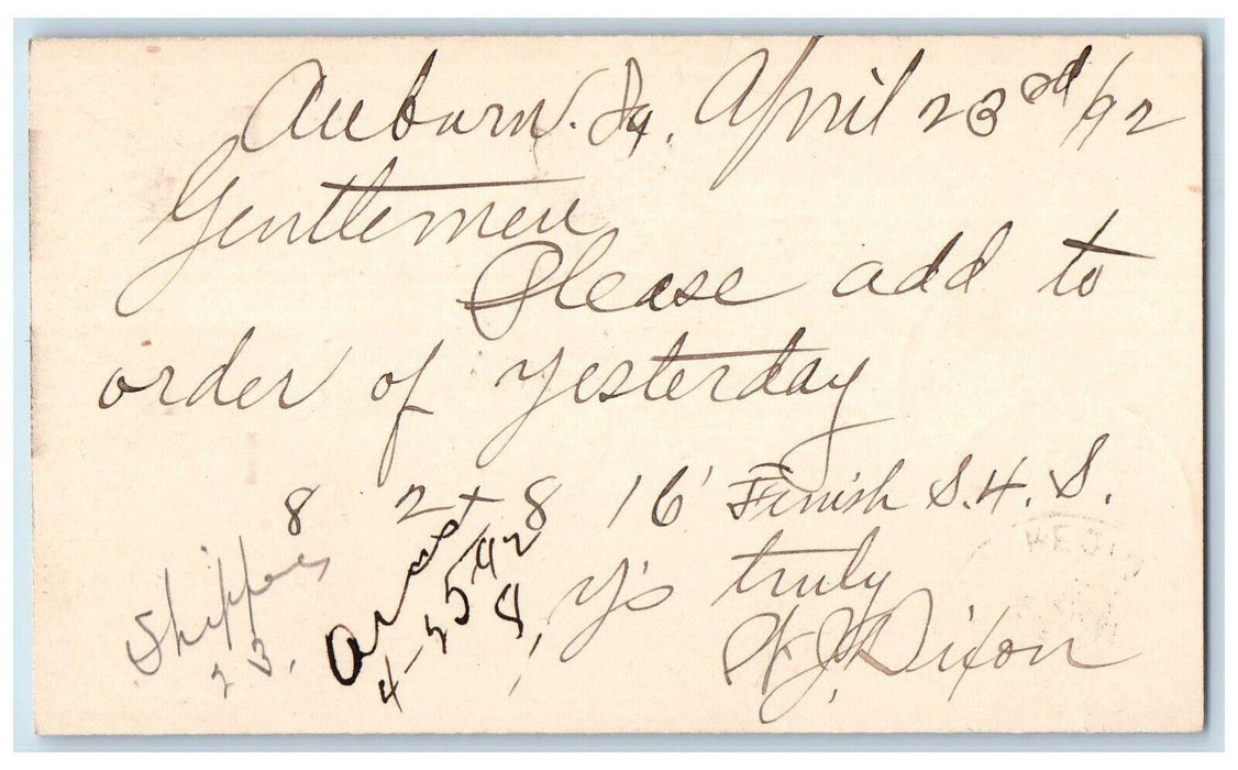 1892 Lumber Order Shipped Auburn Iowa IA Clinton IA Antique Postal Card