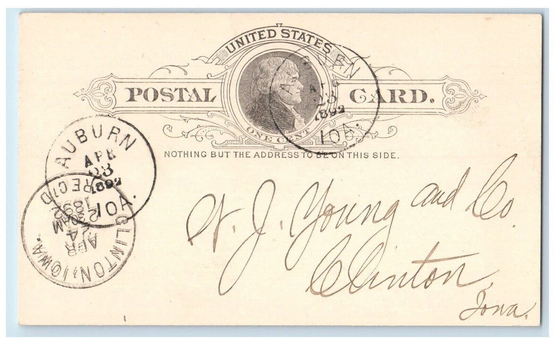 1892 Lumber Order Shipped Auburn Iowa IA Clinton IA Antique Postal Card