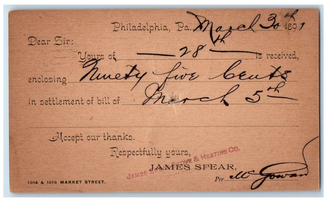 1891 James Spear Stove & Heating Co. Philadelphia Pennsylvania PA Postal Card
